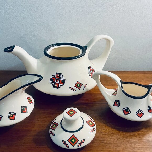 Vintage Cross Stich Pattern Porcelain 3 Piece Tea Set Genie Bottle Design - Picture 9 of 11